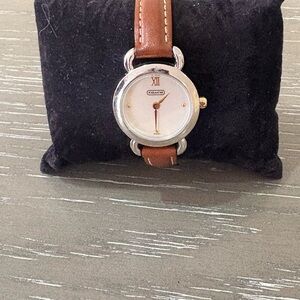 Coach Silver Round Dial Watch with Brown Leather Strap